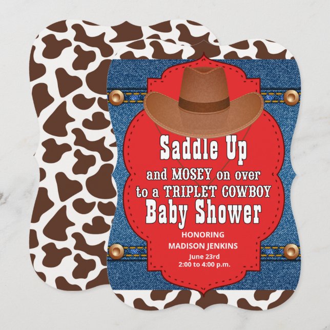 Western Triplet Cowboys Baby Shower Invitation (Front/Back)