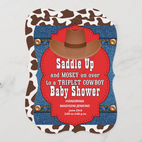 Western Triplet Cowboys Baby Shower Invitation
