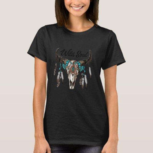 Western Turquoise Aztec Bull Skull Wild Soul Boho  T_Shirt