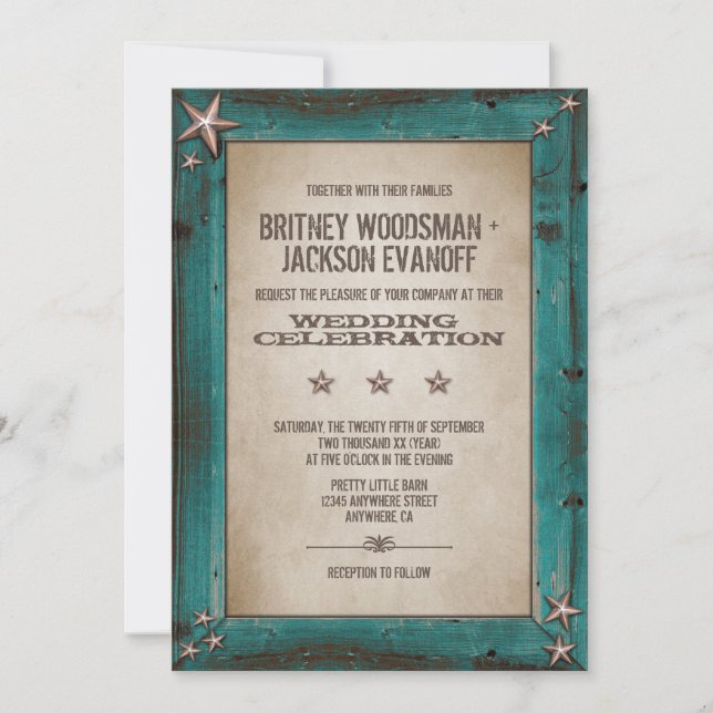 Western Turquoise Barn Wood Wedding Invitations (Front)