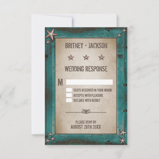 Western Turquoise Barn Wood Wedding RSVP Cards (Front)