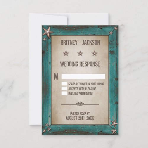 Western Turquoise Barn Wood Wedding RSVP Cards