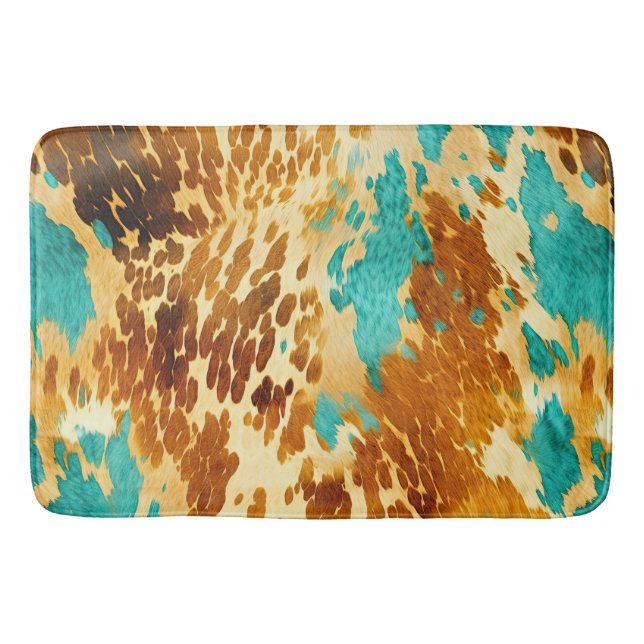 Western Turquoise Brown Cream Cowhide  Bath Mat (Front)