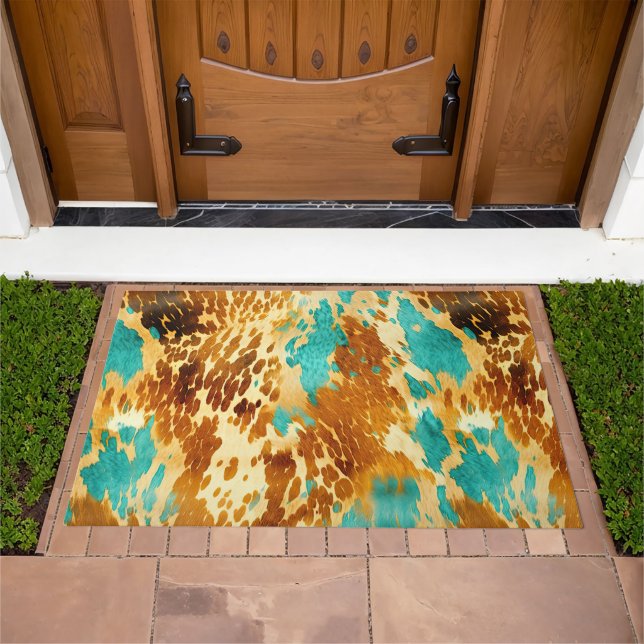 Western Turquoise Brown Cream Cowhide  Doormat (Outdoor)