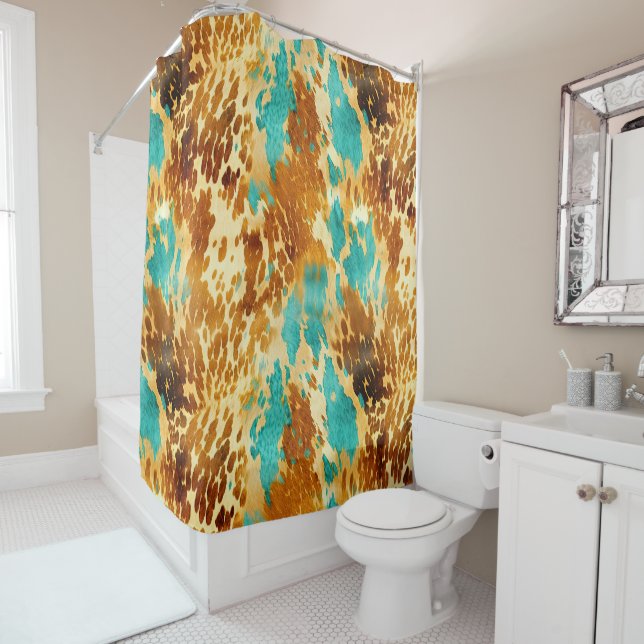 Western Turquoise Brown Cream Cowhide  Shower Curtain (In Situ)