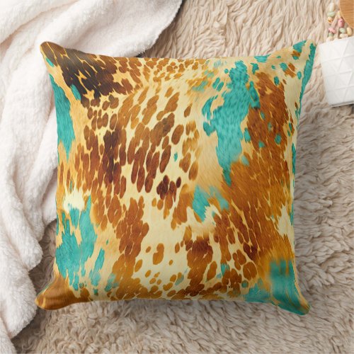 Western Turquoise Brown Cream Cowhide  Throw Pillow