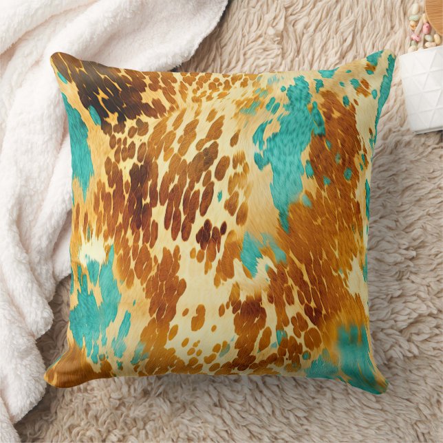 Western Turquoise Brown Cream Cowhide  Throw Pillow (Blanket)
