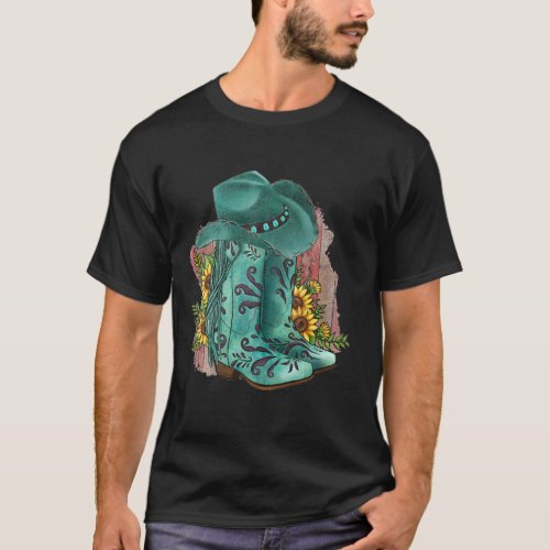 Western Turquoise Cowboy Boots Hat And Sunflowers  T_Shirt