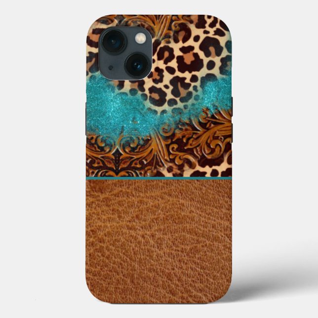 Western Turquoise Glitter Flourish Leather Leopard Case-Mate iPhone Case (Back)