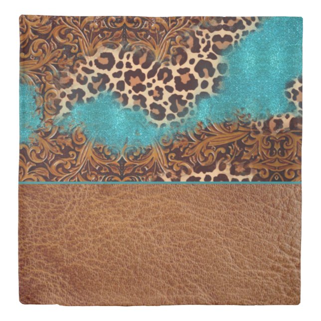 Western Turquoise Glitter Flourish Leather Leopard Duvet Cover (Front)