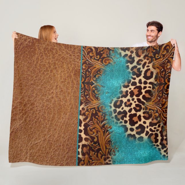 Western Turquoise Glitter Flourish Leather Leopard Fleece Blanket (In Situ)