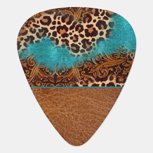 Western Turquoise Glitter Flourish Leather Leopard Guitar Pick