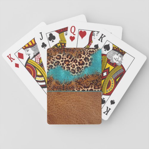 Western Turquoise Glitter Flourish Leather Leopard Poker Cards