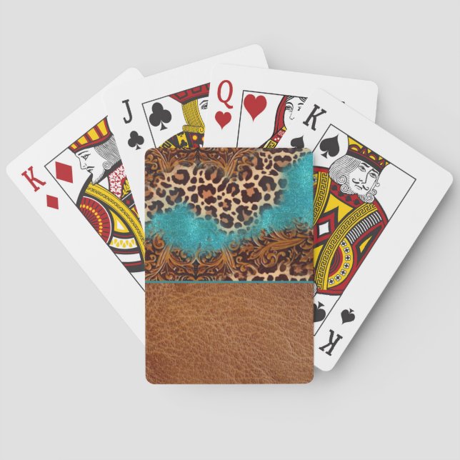 Western Turquoise Glitter Flourish Leather Leopard Poker Cards (Back)