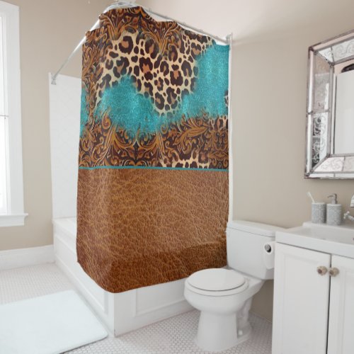 Western Turquoise Glitter Flourish Leather Leopard Shower Curtain