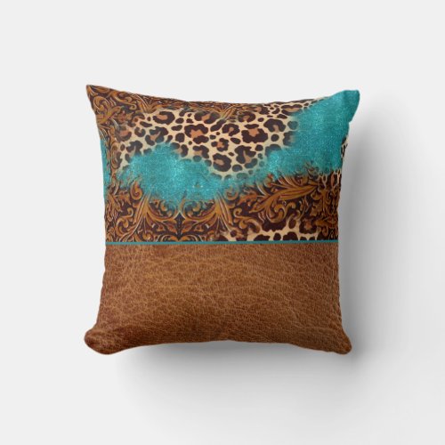 Western Turquoise Glitter Flourish Leather Leopard Throw Pillow