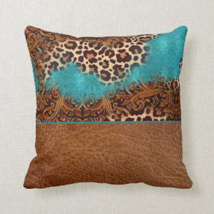 Western Turquoise Glitter Flourish Leather Leopard Throw Pillow