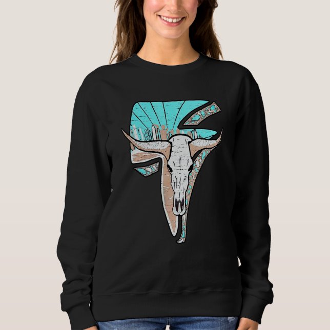 Western Turquoise Rodeo Queen Lightning Cow Skull  Sweatshirt (Front)