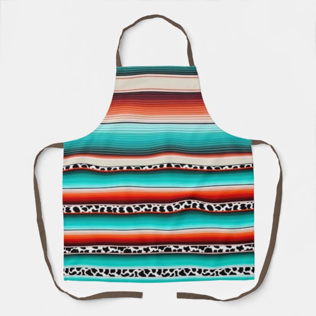 Western Turquoise Terracotta Stripes Cow Print Apron (Front)