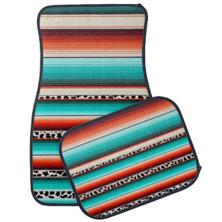 Western Turquoise Terracotta Stripes Cow Print Car Floor Mat