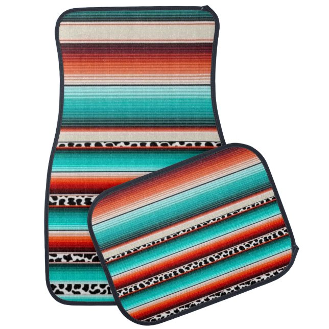Western Turquoise Terracotta Stripes Cow Print Car Floor Mat (Set)