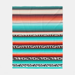 Western Turquoise Terracotta Stripes Cow Print Fleece Blanket
