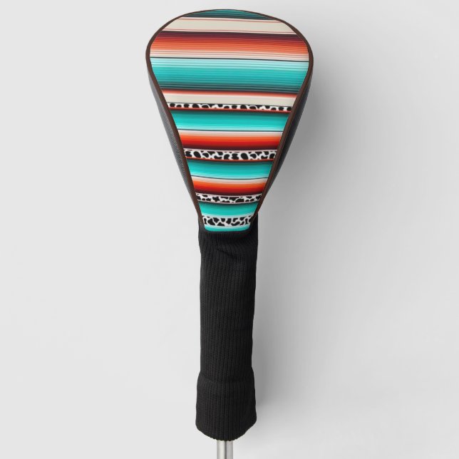 Western Turquoise Terracotta Stripes Cow Print Golf Head Cover (Front)
