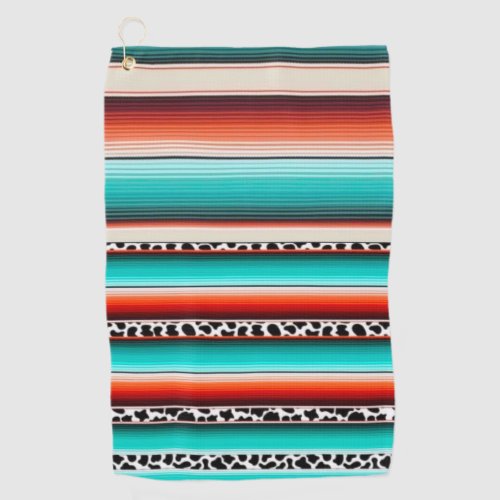 Western Turquoise Terracotta Stripes Cow Print Golf Towel