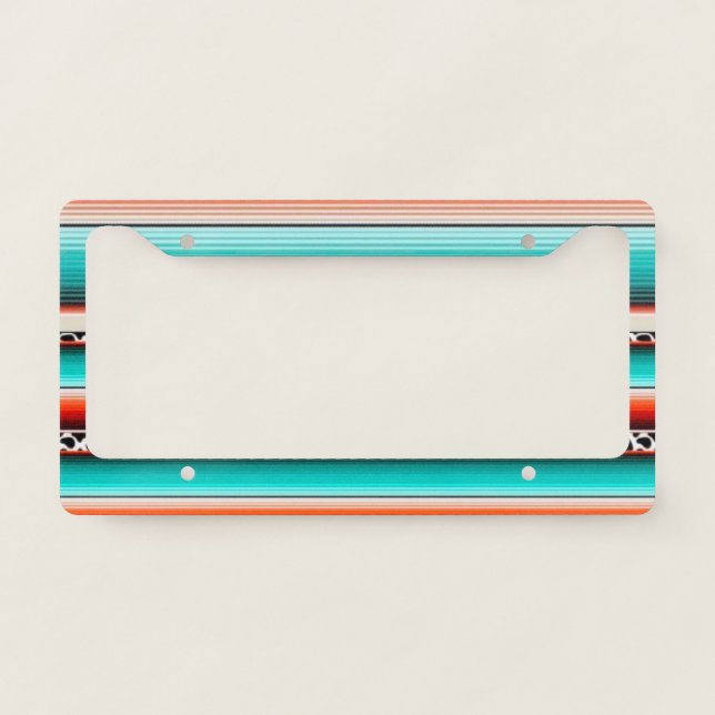 Western Turquoise Terracotta Stripes Cow Print License Plate Frame (Front)
