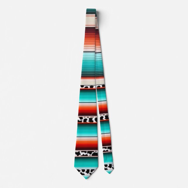 Western Turquoise Terracotta Stripes Cow Print Neck Tie (Front)