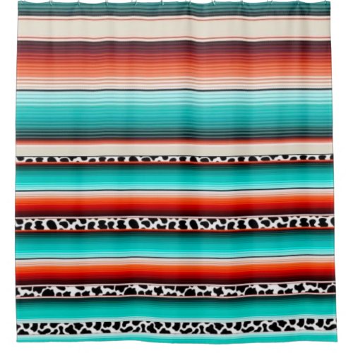 Western Turquoise Terracotta Stripes Cow Print Shower Curtain
