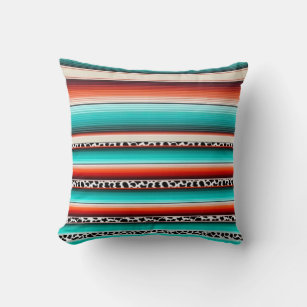 Western Turquoise Terracotta Stripes Cow Print Throw Pillow