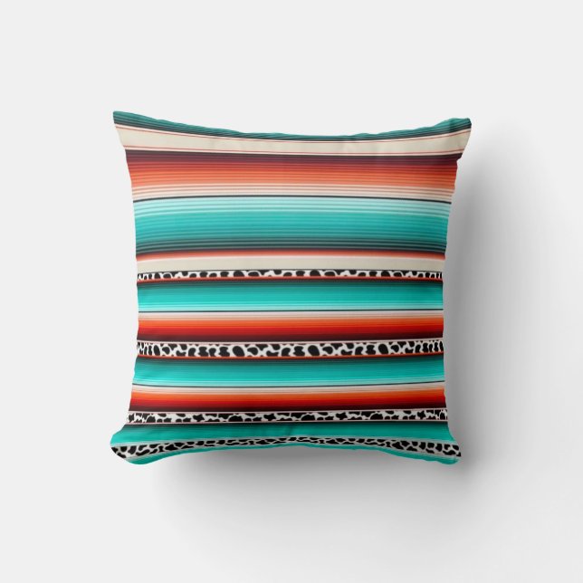 Western Turquoise Terracotta Stripes Cow Print Throw Pillow (Front)