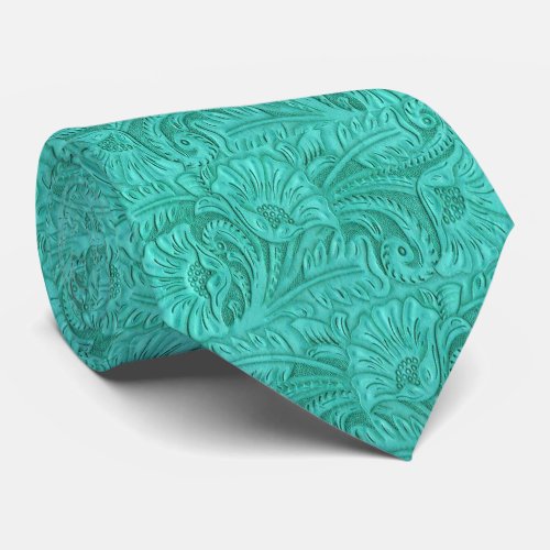 Western Turquoise Tooled Leather Print Necktie