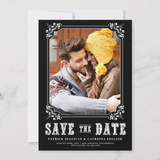 Western Typography Photo Frame Black Save The Date (Front)