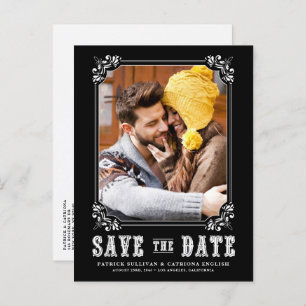 Western Typography Photo Frame Black Save the Date Announcement Postcard
