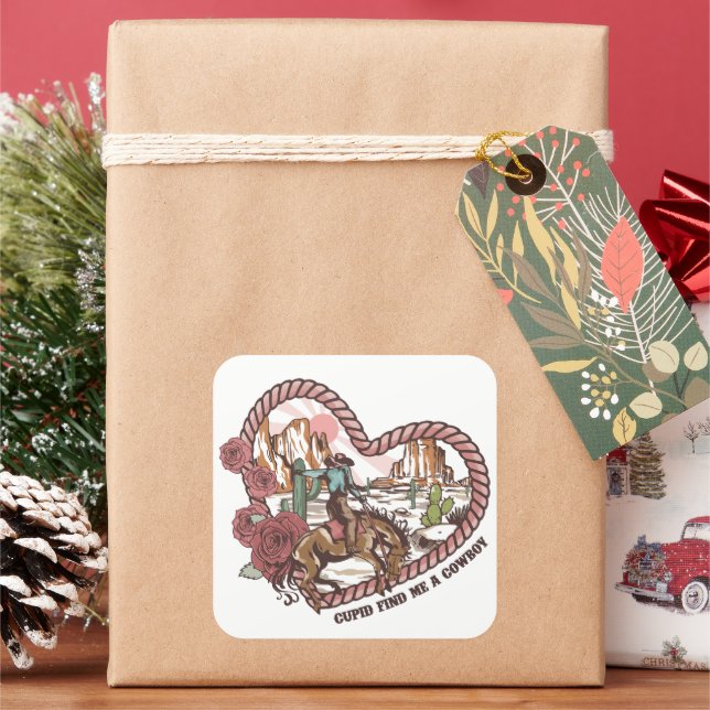 western valentine cupid cowboy square sticker (Holiday)