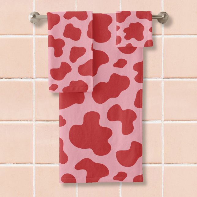 Western Valentines Day Cow Print Cowgirl Pink Red Bath Towel Set (Creator Uploaded)