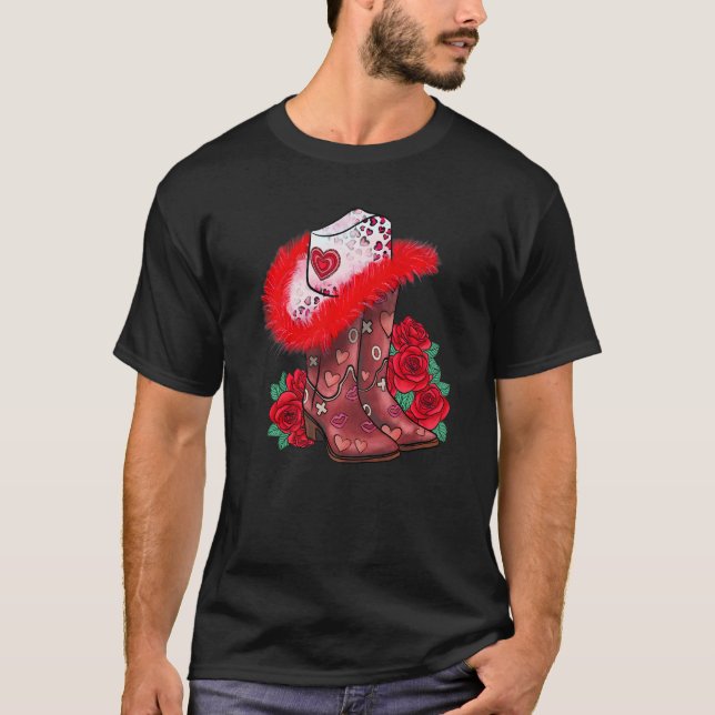 Western Valentines Day Cowgirl Boots Yeehaw Howdy  T-Shirt (Front)