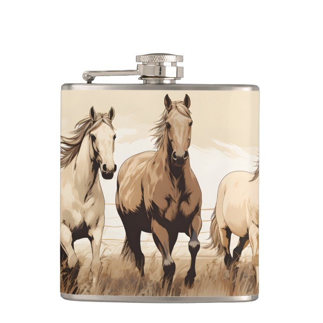 Western Vibes! Horses. Editable men's gift Flask (Front)