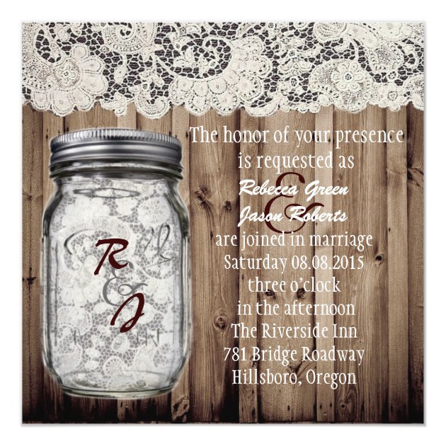 Western Vintage Barnwood Lace Mason Jar Wedding Invitation