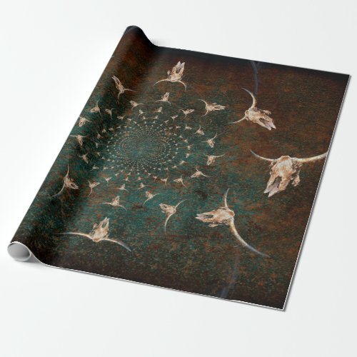 Western Vintage Brown Teal Texture Bull Skull Wrapping Paper