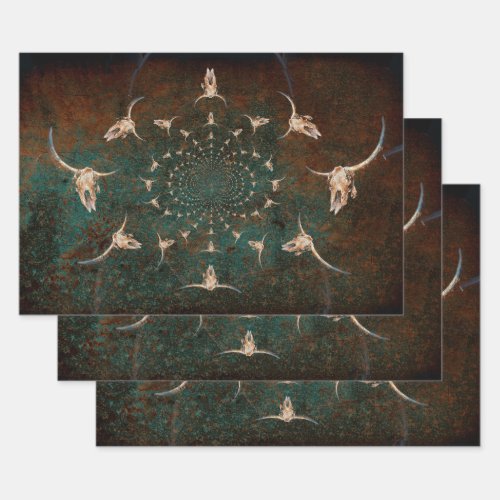 Western Vintage Brown Teal Texture Bull Skull Wrapping Paper Sheets