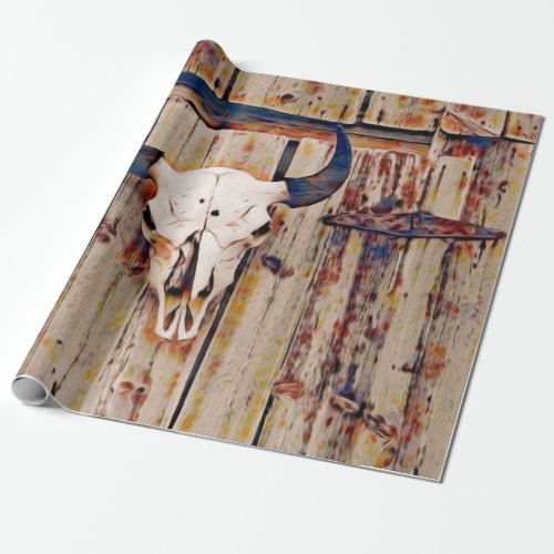 Western Vintage Bull Skull Brown Rustic Barn Wrapping Paper