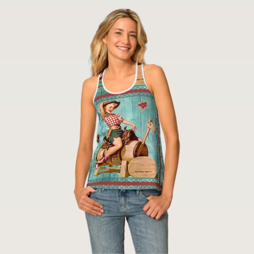 Western Vintage Cowgirl On Wooden Horse Tank Top