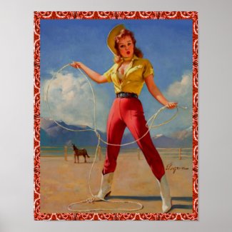 Western Vintage Cowgirl Pin Up Girl Witth Rope Poster