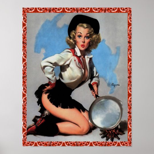 Western Vintage Cowgirl Pin Up With Pan Poster 