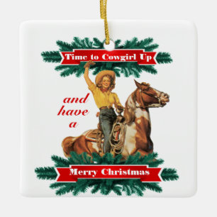 Western Vintage Cowgirl Up Merry Christmas Ceramic Ornament