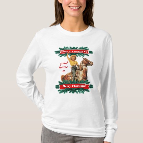 Western Vintage Cowgirl Up Merry Christmas T_Shirt