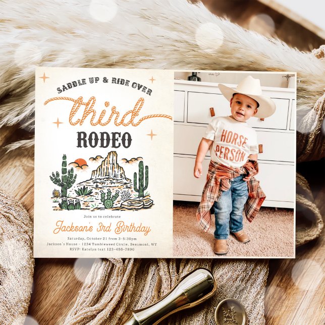Western Vintage Desert Cowboy 3rd Birthday Photo Invitation (Creator Uploaded)